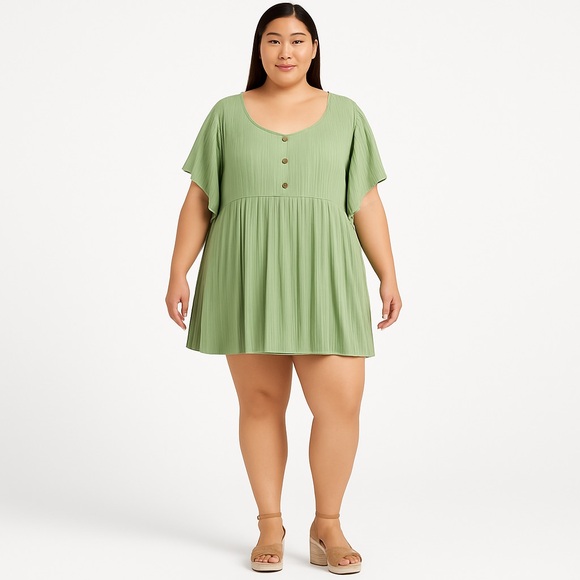 👀 357. Haptics Ribbed Babydoll Tunic 3X – Sage Green Flutter Sleeve Top NWT - Picture 1 of 8